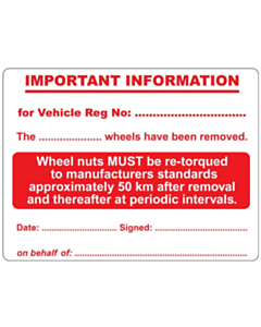 Wheel Nut Re-Torque Labels 100x75mm