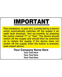 Personalised 18th Edition RCD Test Labels 95x65mm