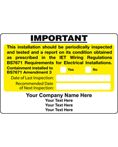 Personalised BS7671 Amendment 3 Periodic Inspection Labels 95x65mm